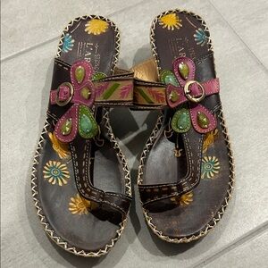 Leather Slide Sandals with Floral Accents